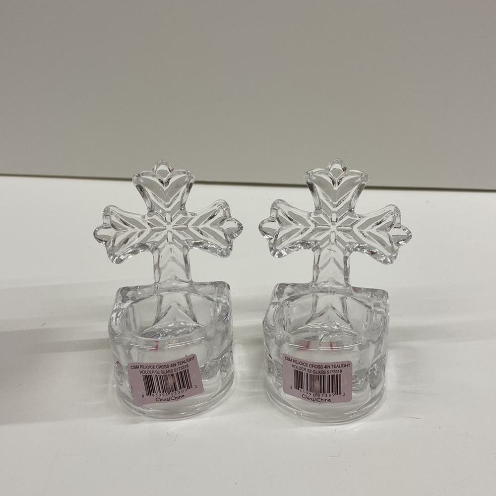 Vintage Pair 3.5” Mikasa Crystal Rejoice Cross tea light holders - Picture 2 of 2